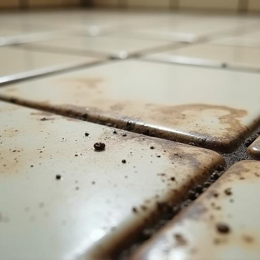 Before: Tile floor with discolored and dirty grout lines